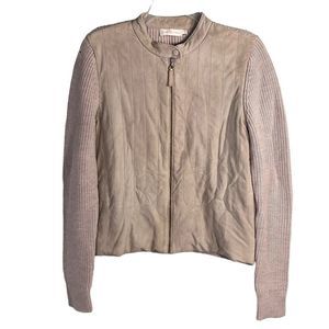 Tory Burch suede front merino wool cardigan jacket tan